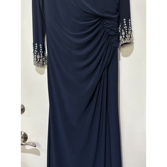 Mac Duggal Beaded Cuff Drop Shoulder Faux Wrap Long Navy Gown Size 14 NWT #12231 - Picture 7 of 15